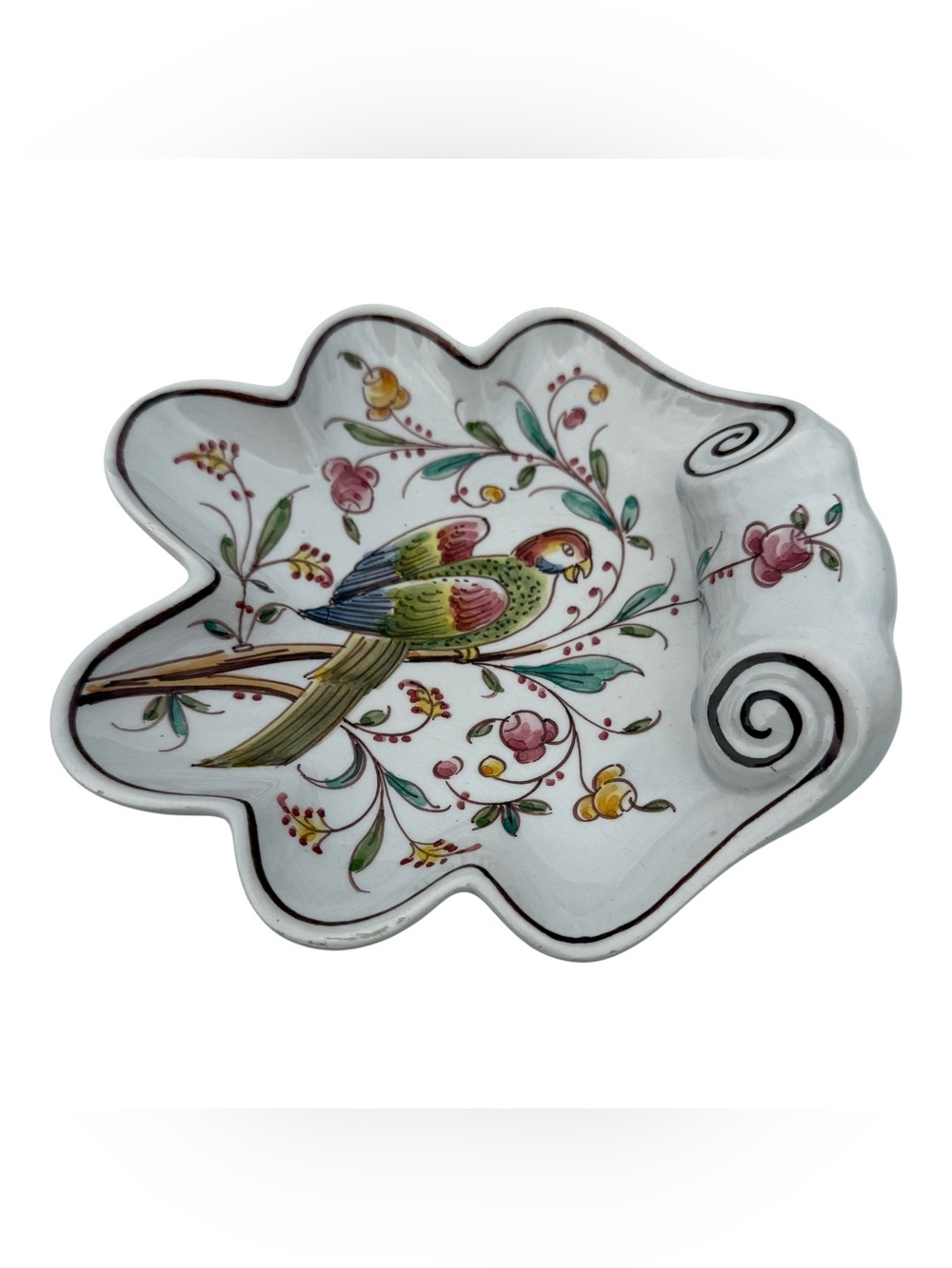 Vintage Portuguese Hand Painted Parrot Trinket Dish Cottagecore Decor Catchall